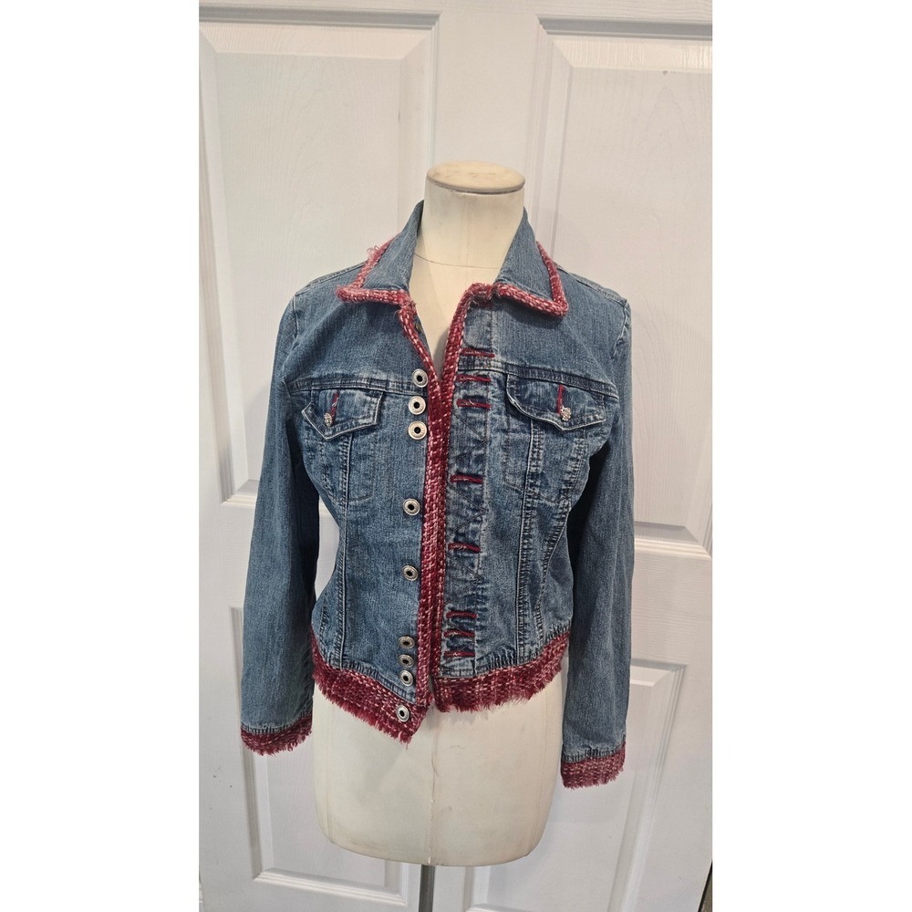 One Tuff Babe OTB Denim Jacket Burgundy Knit Trim Rhinestone Buttons Stretch M